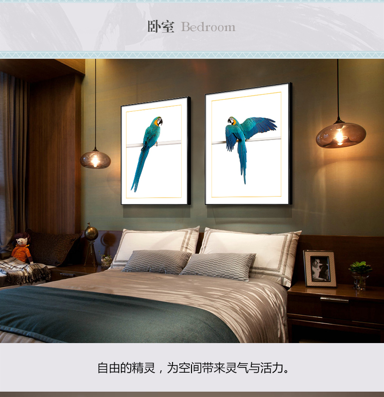 歐式輕奢動物組合掛畫 臥室餐廳裝飾畫晶瓷畫  純手繪油畫 金剛鸚鵡