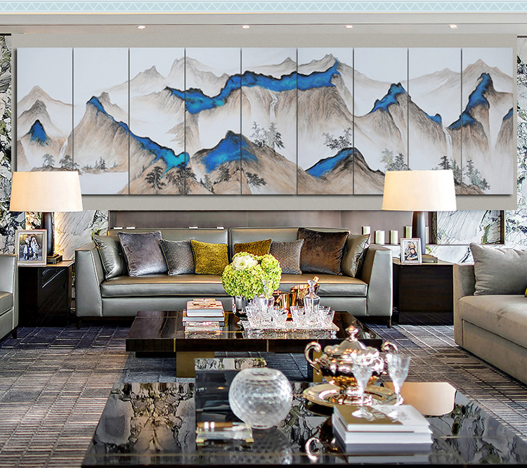 新中式會(huì)議室酒店山水風(fēng)景壁畫 大型高端定制巨幅手繪裝飾畫 南山