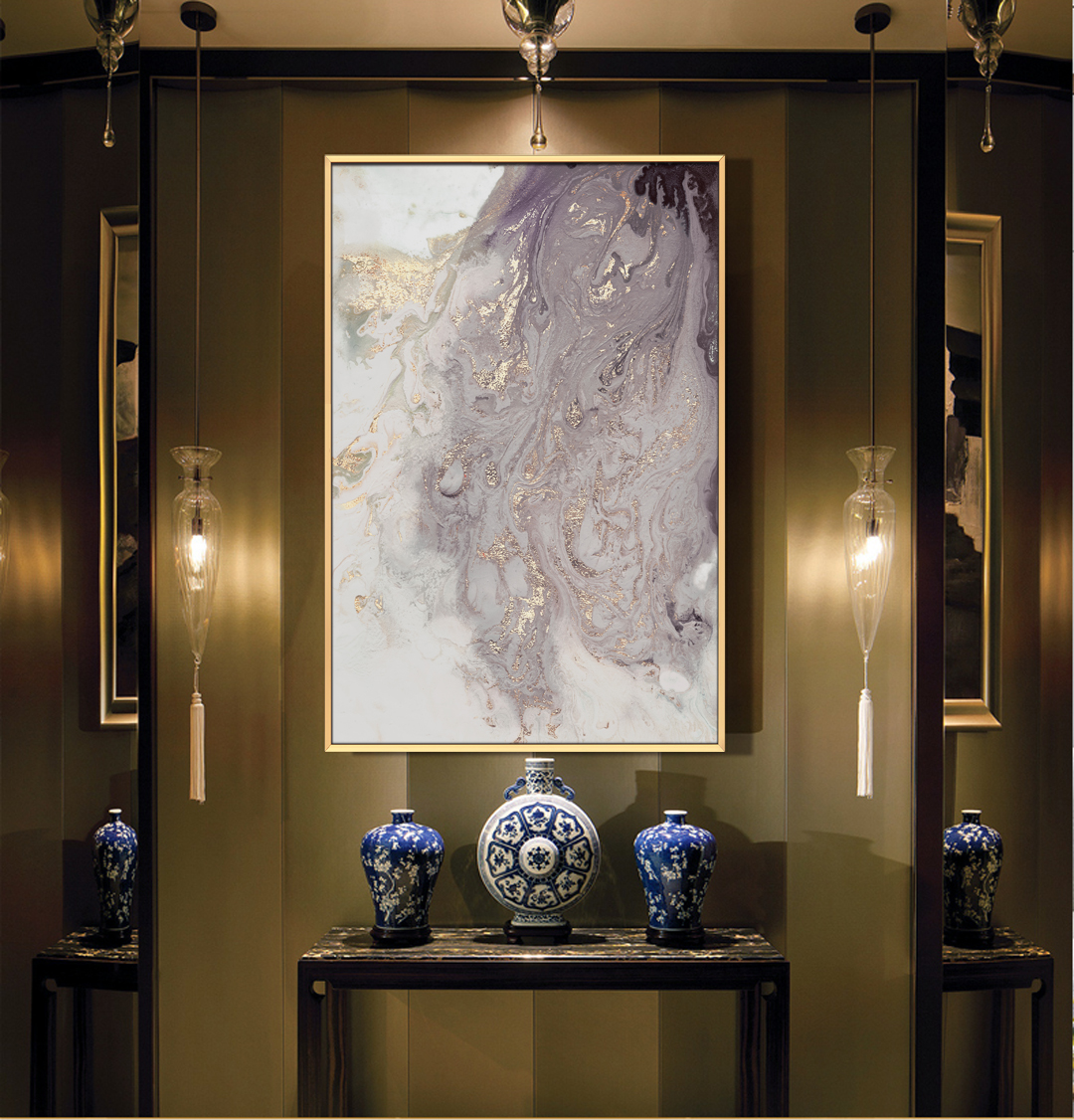 客廳沙發(fā)背景墻抽象組合裝飾畫 玄關(guān)走廊晶瓷畫 墻畫 鎏金盆地