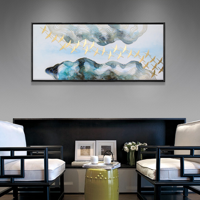 新中式客廳裝飾畫(huà) 餐廳原創(chuàng)純手繪金線畫(huà) 臥室環(huán)保PS框掛畫(huà) 遷徙