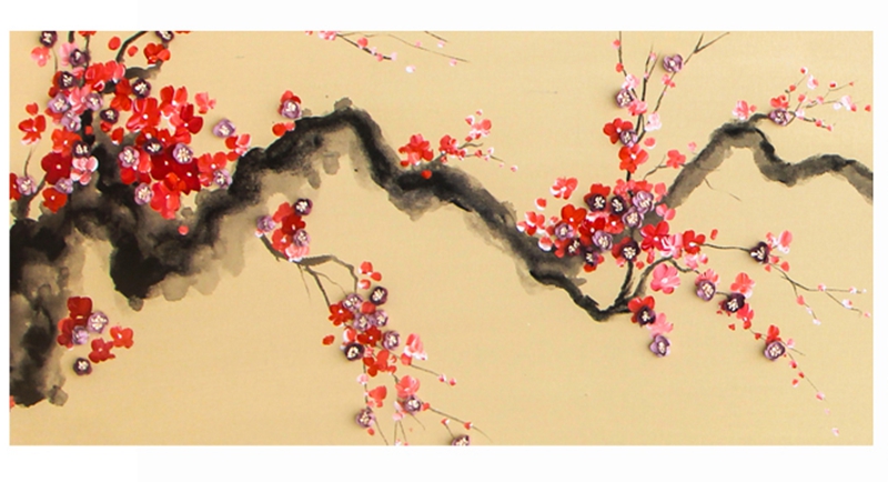 新中式客廳裝飾畫 臥室原創(chuàng)實(shí)物畫 玄關(guān)環(huán)保PS框掛畫 紅梅花兒開