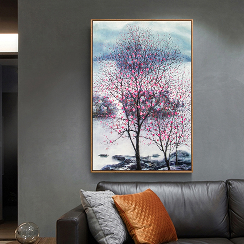 新中式客廳裝飾畫(huà) 書(shū)房原創(chuàng)純手繪梅花圖 臥室環(huán)保PS框掛畫(huà) 桃花